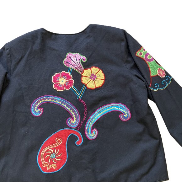 Indigo Moon Flower Applique Jacket Glass Buttons Black with Colorful Floral - Picture 6 of 7